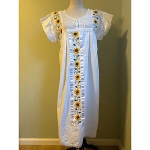 White Embroidered Sunflower Maxi Dress Mexican Folk Art Style Boho whimsi floral